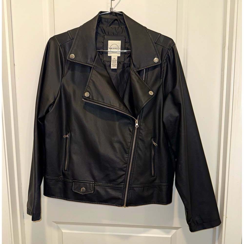 Vine & Valley Womens 0X Black Faux Leather Moto Jacket Plus Size Biker Zip